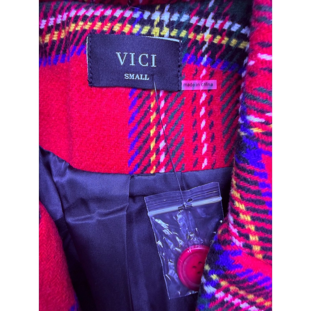 VICI Plaid Blazer Women Small Red Tartan Checkered One Button Preppy Office - Picture 2 of 9